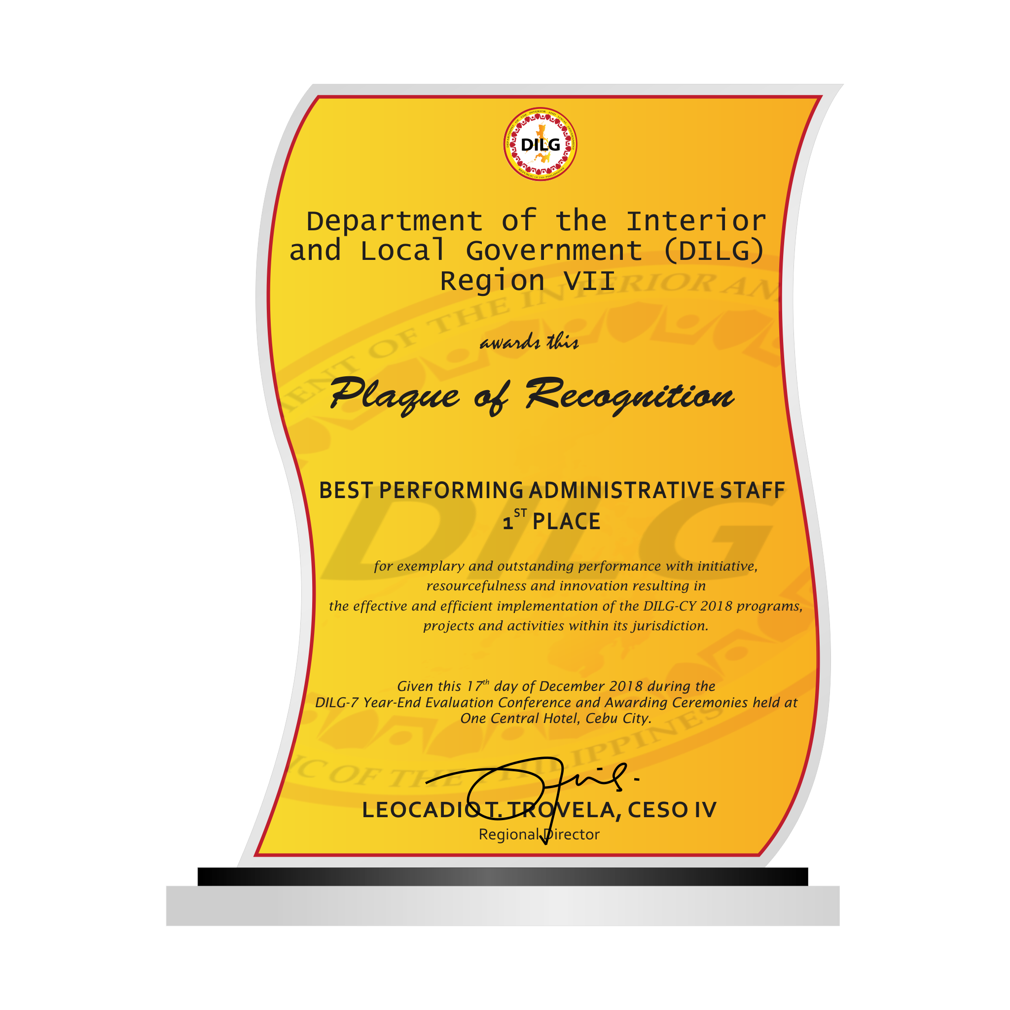 DILG Best Performing Administrative Staff Plaque - DILG