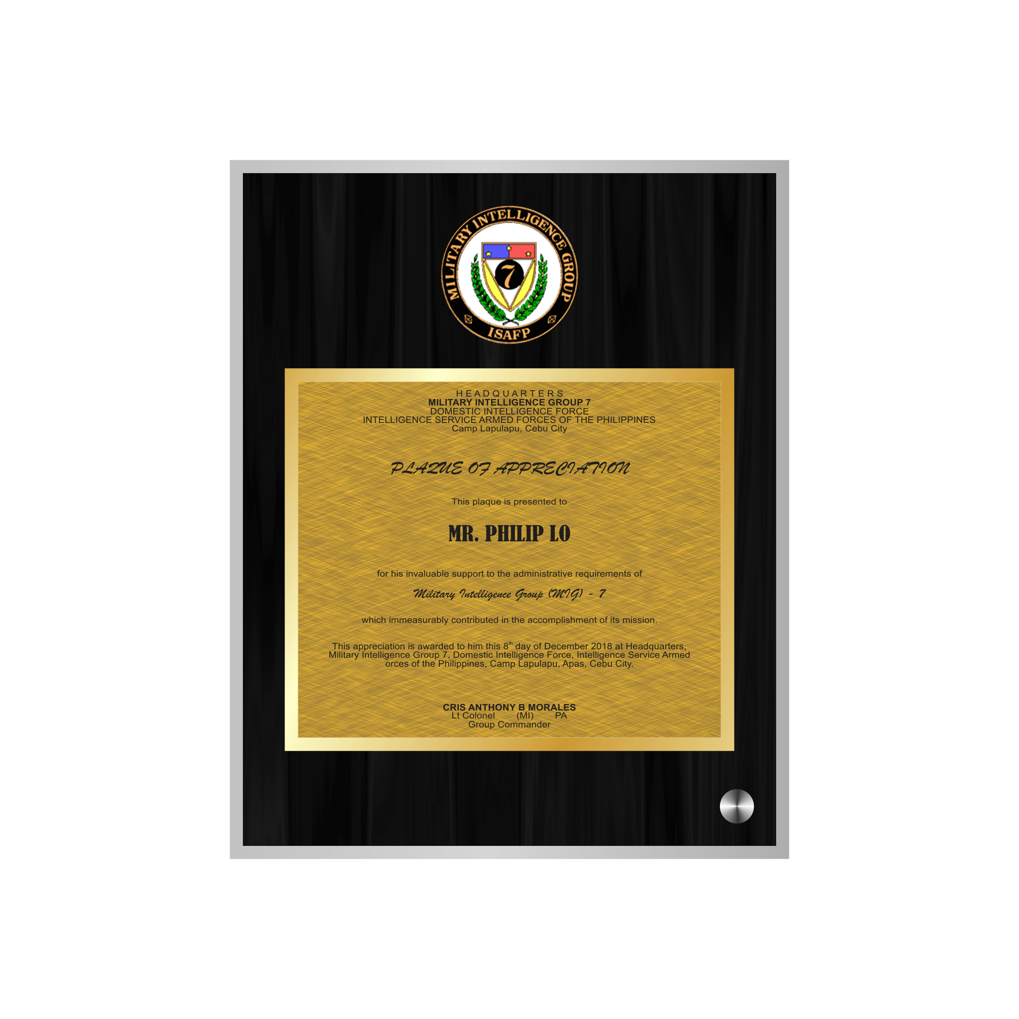 Military Intelligence Group 7 Acrylic Plaque - AFP